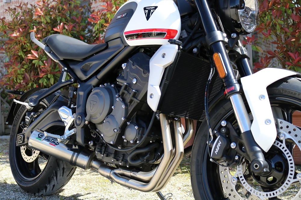 Escape compatible con Triumph Trident 660 2021-2024, M3 Titanium Natural, Escape completo homologado y legal,con catalizador incluido db killer extraíble 