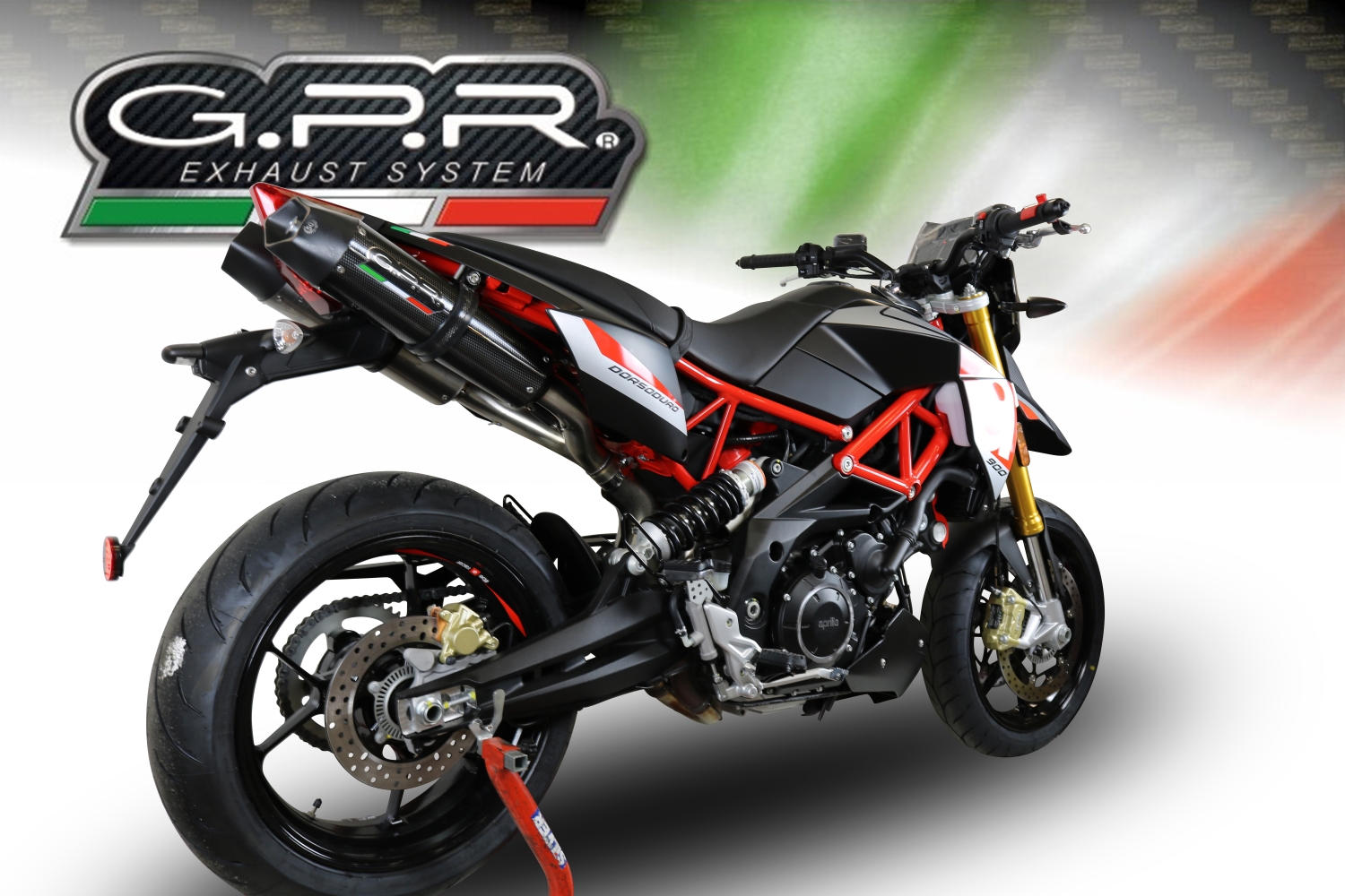 Escape compatible con Aprilia Dorsoduro 900 2017-2020, GP Evo4 Poppy, Par de terminales de escape homologados, con db killer extraíbles y tubos de conexión específicos 