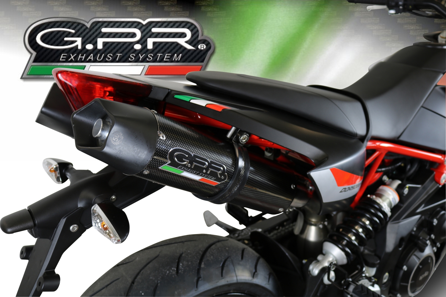 Escape compatible con Aprilia Dorsoduro 900 2017-2020, GP Evo4 Poppy, Par de terminales de escape homologados, con db killer extraíbles y tubos de conexión específicos 