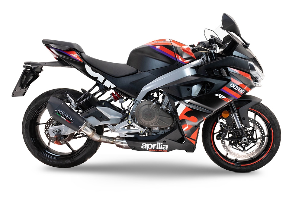 Escape compatible con Aprilia RS 457 2024-2025, Gpe Ann. Black titanium, Escape homologaedo, legal para mercados fuera de la UE, incluido tubo de enlace y db killer extraíble 