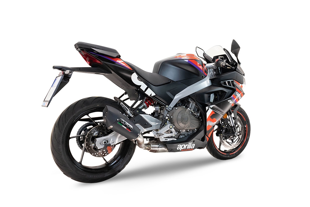 Escape compatible con Aprilia RS 457 2024-2025, Gpe Ann. Black titanium, Escape homologaedo, legal para mercados fuera de la UE, incluido tubo de enlace y db killer extraíble 