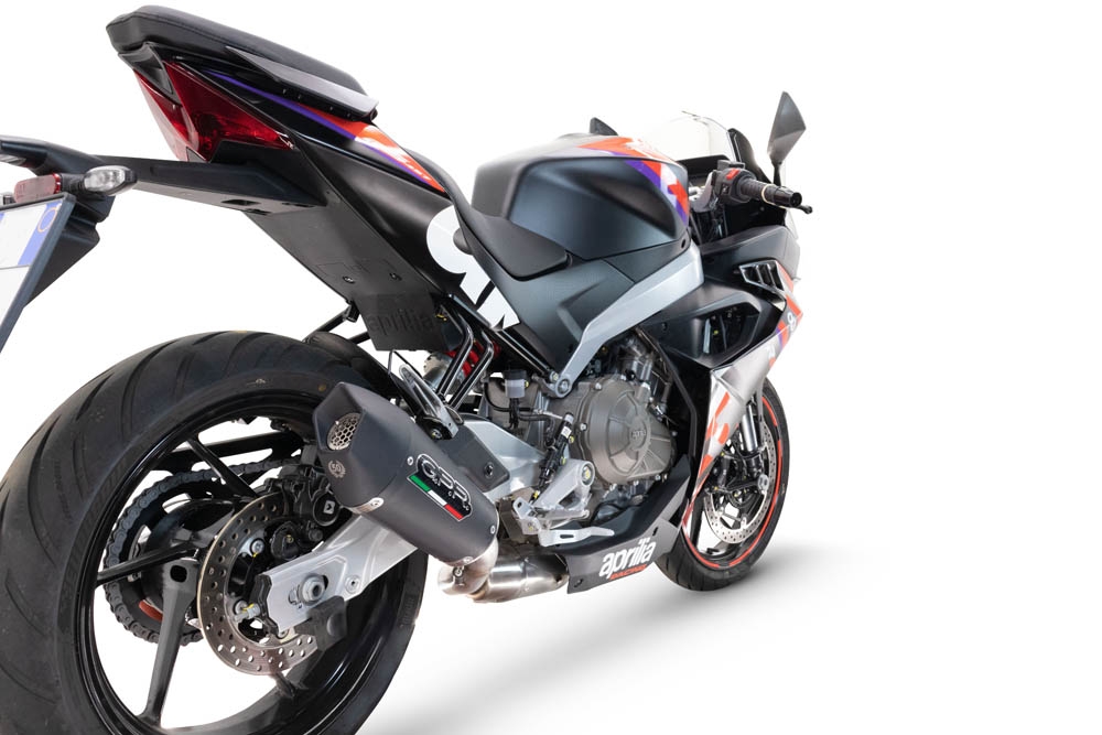 Escape compatible con Aprilia RS 457 2024-2025, Gpe Ann. Black titanium, Escape homologaedo, legal para mercados fuera de la UE, incluido tubo de enlace y db killer extraíble 