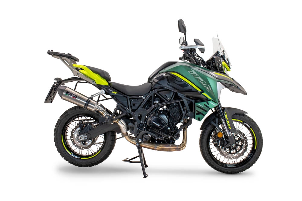 GPR escape compatible con  Benelli Trk 702  2023-2024, New Grand Prix Evo Titanium, Escape homologaedo, legal para mercados fuera de la UE, incluido tubo de enlace y db killer extraíble 