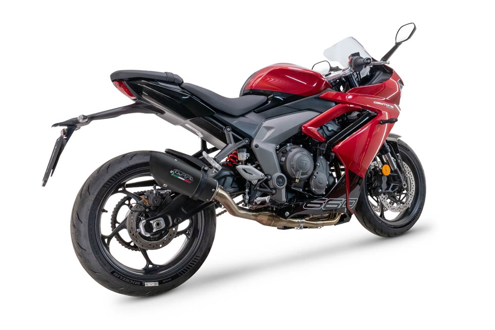 Escape compatible con Triumph Daytona 660 2023-2025, Gpe Ann. Black titanium, Escape completo homologado y legal, incluido db killer extraíble 