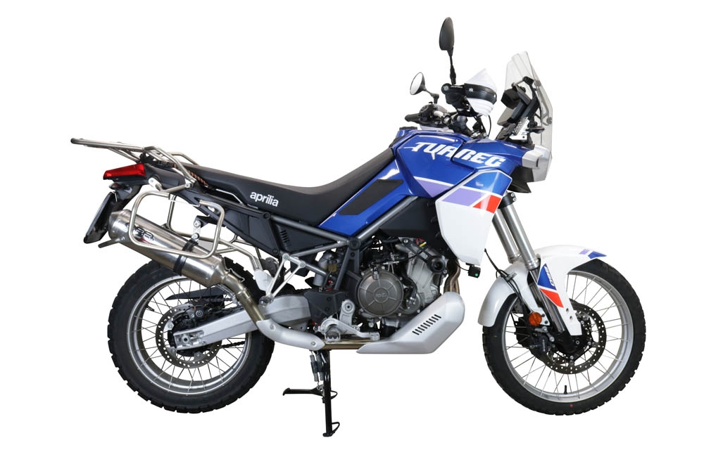 Escape compatible con Aprilia Tuareg 660 2021-2024, Satinox , Escape legal, homologado, silenciador con db killer desmontable y tubo de conexión específico 