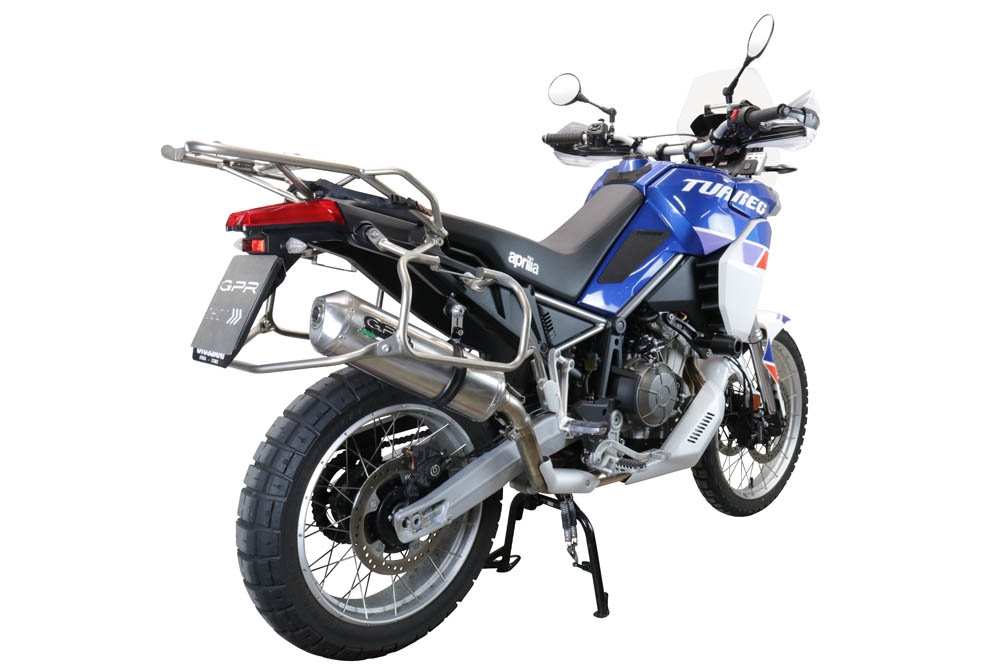 Escape compatible con Aprilia Tuareg 660 2021-2024, Satinox , Escape legal, homologado, silenciador con db killer desmontable y tubo de conexión específico 