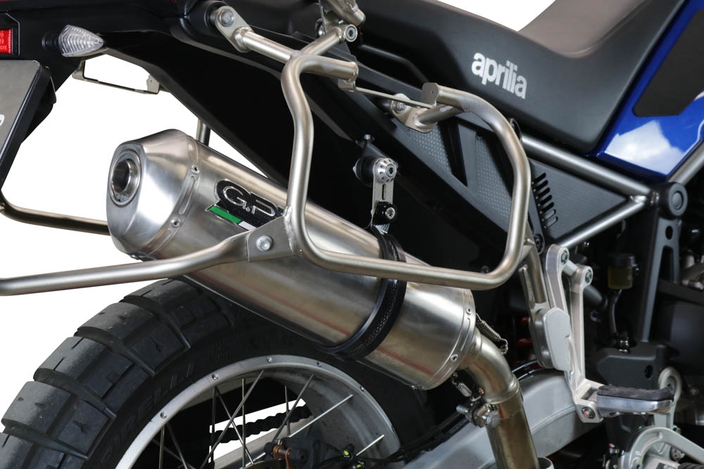 Escape compatible con Aprilia Tuareg 660 2021-2024, Satinox , Escape legal, homologado, silenciador con db killer desmontable y tubo de conexión específico 