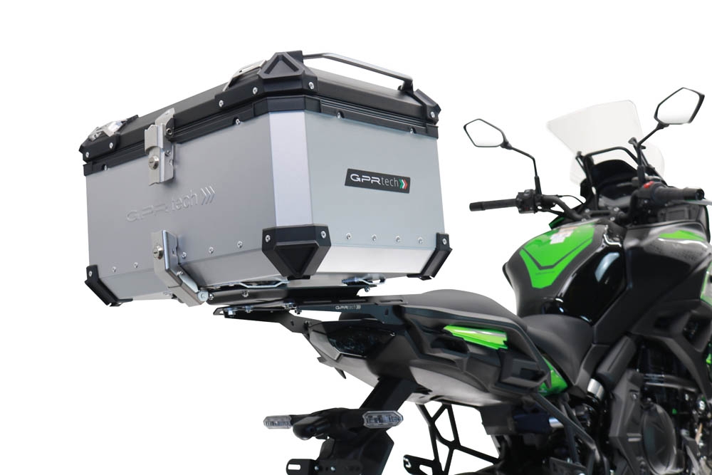 GPR TECH compatible con  Kawasaki Versys 650 2023/2024 e5 plus Baúl Alpi-Tech en aluminio color plata con placa específica incluida Capacidad Litros 55