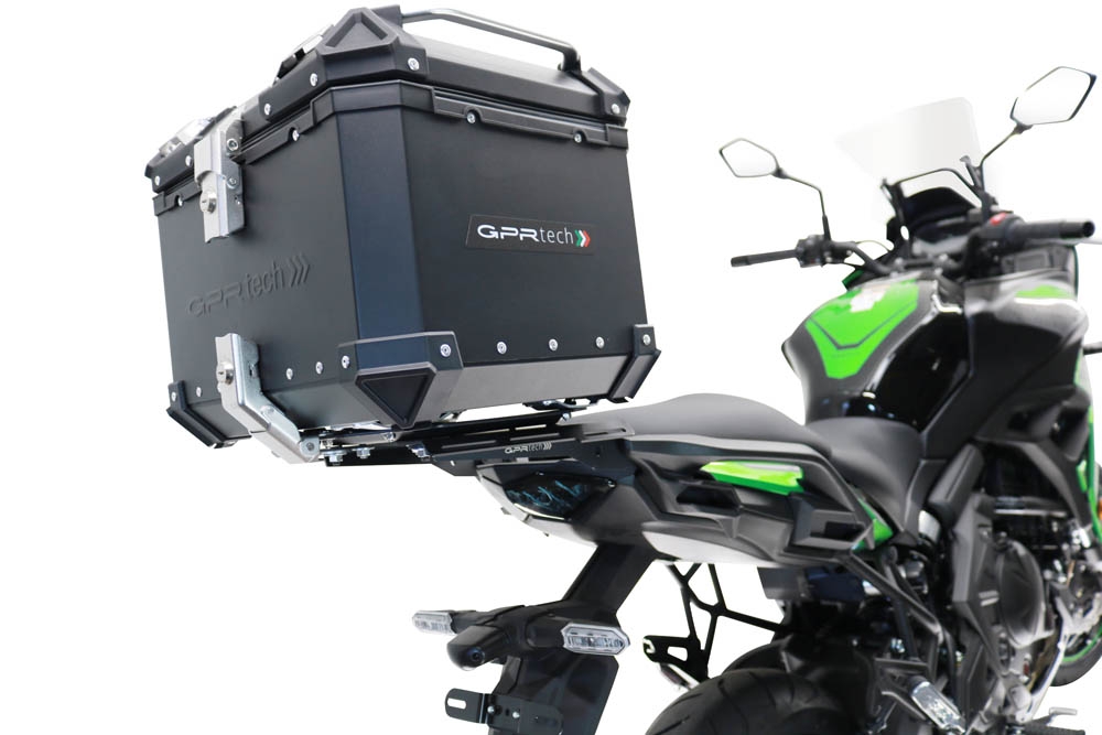 GPR TECH compatible con  Kawasaki Versys 650 2023/2024 e5 plus Baúl Alpi-Tech en aluminio, color negro con placa específica incluida Capacidad Litros 45