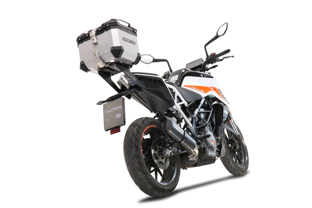 Baúl GPR TECH compatible con  Ktm Duke 390 2021/2023 e5 Baúl Alpi-Tech en aluminio color plata, incluye portaequipajes específico de aluminio y placa especifica de acero. Capacidad Litros 26