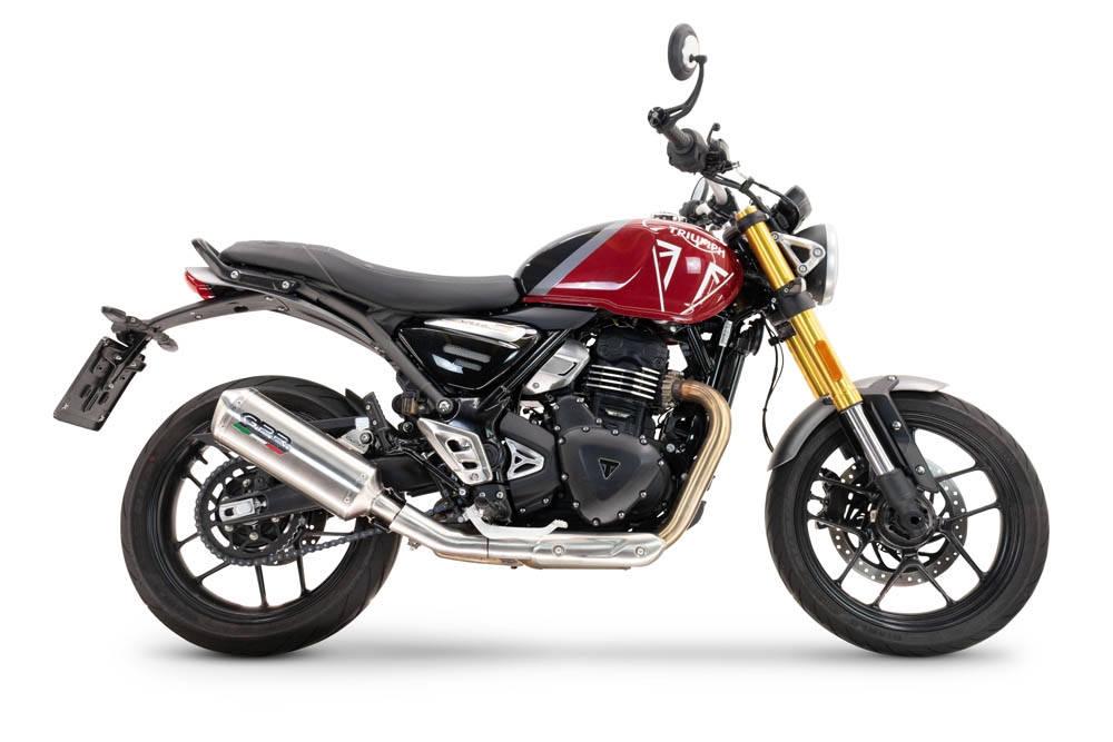 Escape compatible con Triumph Speed 400 2023-2025, Satinox , Escape legal, homologado, silenciador con db killer desmontable y tubo de conexión específico 