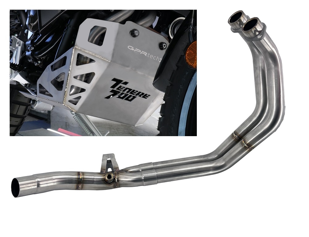 Escape compatible con Yamaha Tenere 700 2021-2024, Decatalizzatore + Paracoppa Titanio, Tubo supresor de catalizador más placa protectora de titanio del motor 