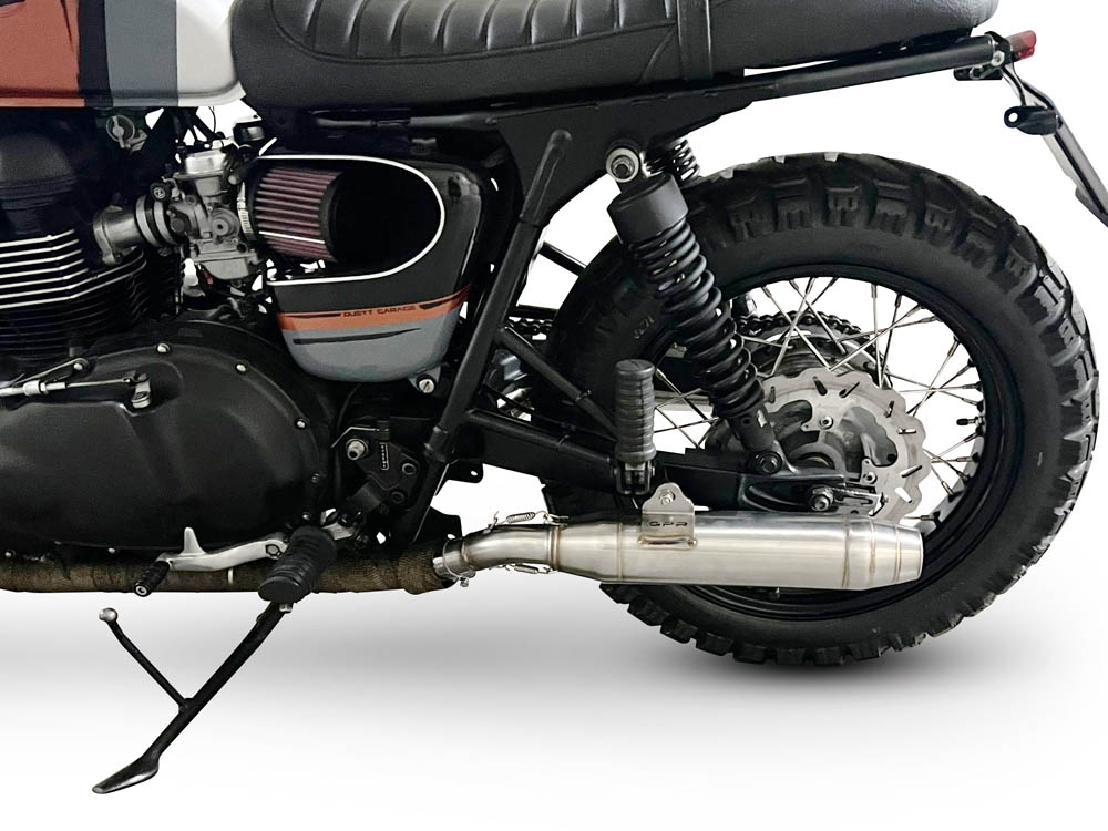 Escape compatible con Triumph BONNEVILLE T100 2001-2014, Deeptone Inox, Par de terminales de escape homologados, con db killer extraíbles y tubos de conexión específicos 