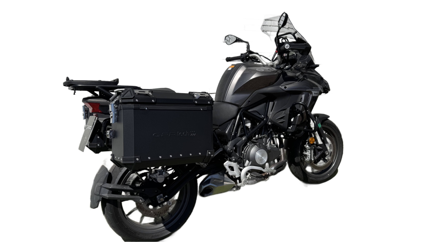 GPR TECH compatible con  Benelli Trk 502 2017/2020 e4 Par de maletas laterales en aluminio color negro con portaequipajes específico Capacidad 38 LT. + 38 LT.