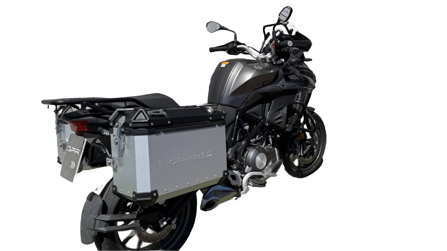 GPR TECH compatible con  Benelli Trk 502 2017/2020 e4 Par de maletas laterales en aluminio color plata con portaequipajes específico Capacidad 38 LT. + 38 LT.