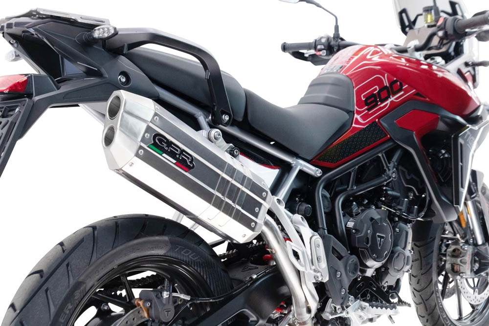Escape compatible con Triumph Tiger 900 GT / Pro / Rally Pro 2024-2025, Hyper Sonic Titanium, Escape legal, homologado, silenciador con db killer desmontable y tubo de conexión específico 