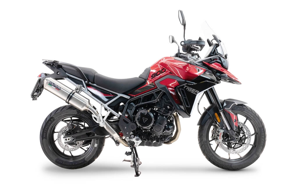 Escape compatible con Triumph Tiger 900 GT / Pro / Rally Pro 2024-2025, Satinox , Escape legal, homologado, silenciador con db killer desmontable y tubo de conexión específico 