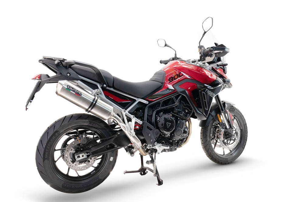 Escape compatible con Triumph Tiger 900 GT / Pro / Rally Pro 2024-2025, Satinox , Escape legal, homologado, silenciador con db killer desmontable y tubo de conexión específico 