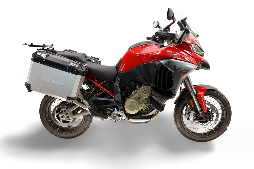 GPR TECH compatible con  Harley Davidson Pan America 1250 2020/2024 Par de maletas laterales en aluminio con lado derecho contorneado, color plata con portaequipajes específico TECH-EVO  Capacidad 38 LT. + 32 LT.