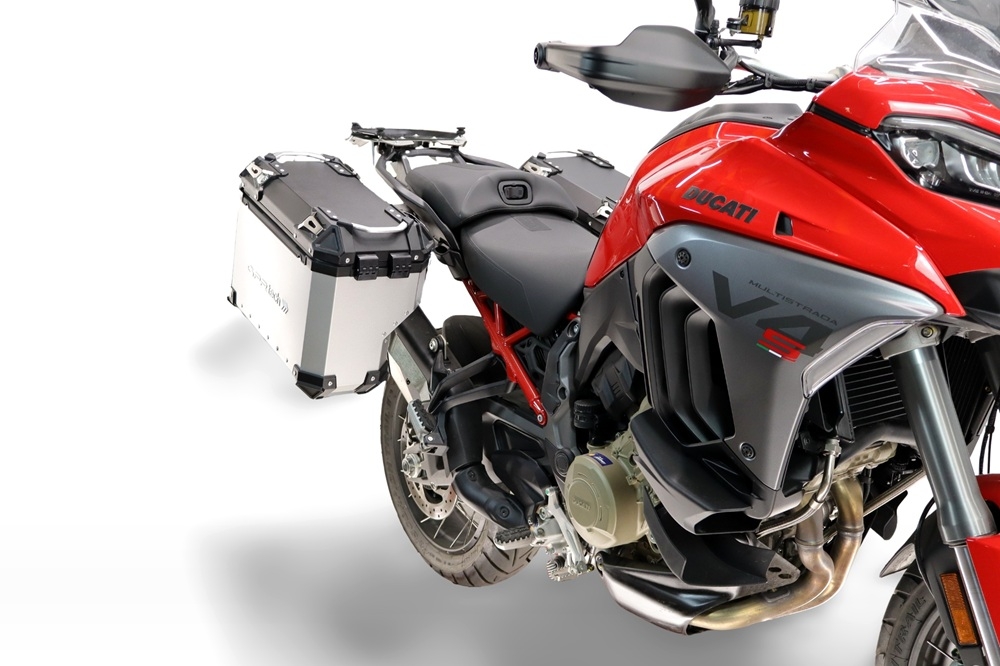 GPR TECH compatible con  Harley Davidson Pan America 1250 2020/2024 Par de maletas laterales en aluminio con lado derecho contorneado, color plata con portaequipajes específico TECH-EVO  Capacidad 38 LT. + 32 LT.