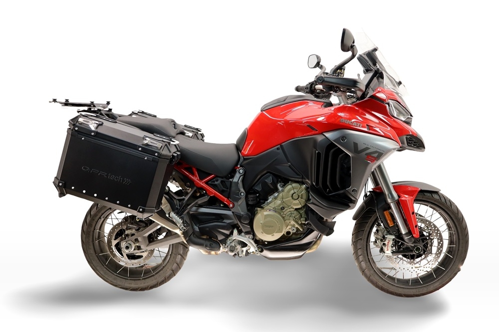 GPR TECH compatible con  Harley Davidson Pan America 1250 2020/2024 Par de maletas laterales en aluminio con lado derecho contorneado, color negro con portaequipajes específico TECH-EVO  Capacidad 38 LT. + 32 LT.