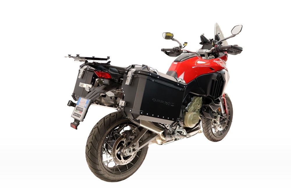 GPR TECH compatible con  Harley Davidson Pan America 1250 2020/2024 Par de maletas laterales en aluminio con lado derecho contorneado, color negro con portaequipajes específico TECH-EVO  Capacidad 38 LT. + 32 LT.