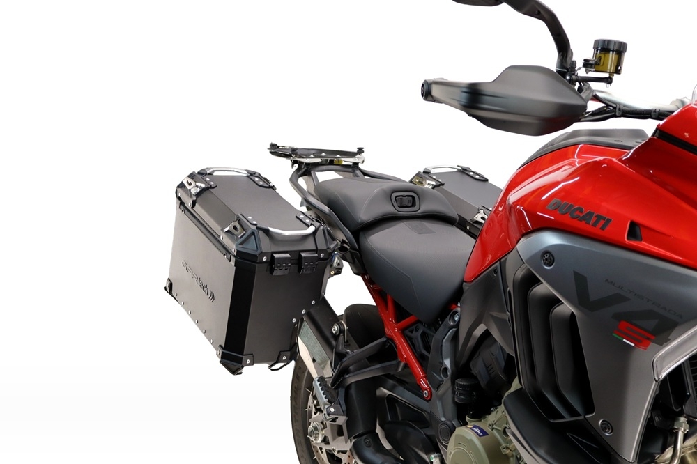 GPR TECH compatible con  Harley Davidson Pan America 1250 2020/2024 Par de maletas laterales en aluminio con lado derecho contorneado, color negro con portaequipajes específico TECH-EVO  Capacidad 38 LT. + 32 LT.
