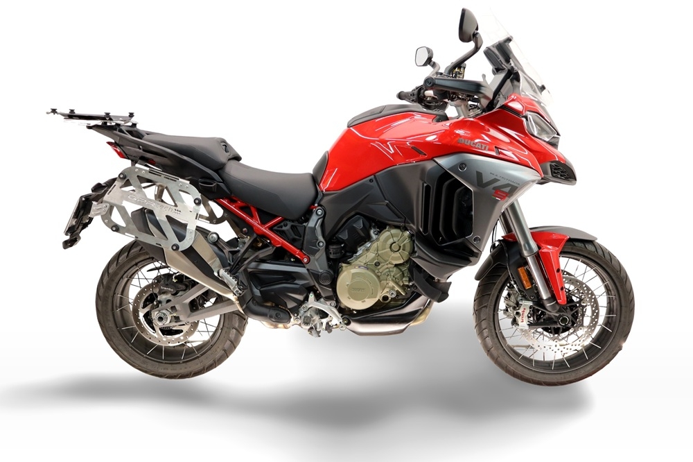 GPR TECH compatible con  Ducati Multistrada V4 - V4S 2025/2026 Par de maletas laterales en aluminio con lado derecho contorneado, color negro con portaequipajes específico TECH-EVO  Capacidad 38 LT. + 32 LT.