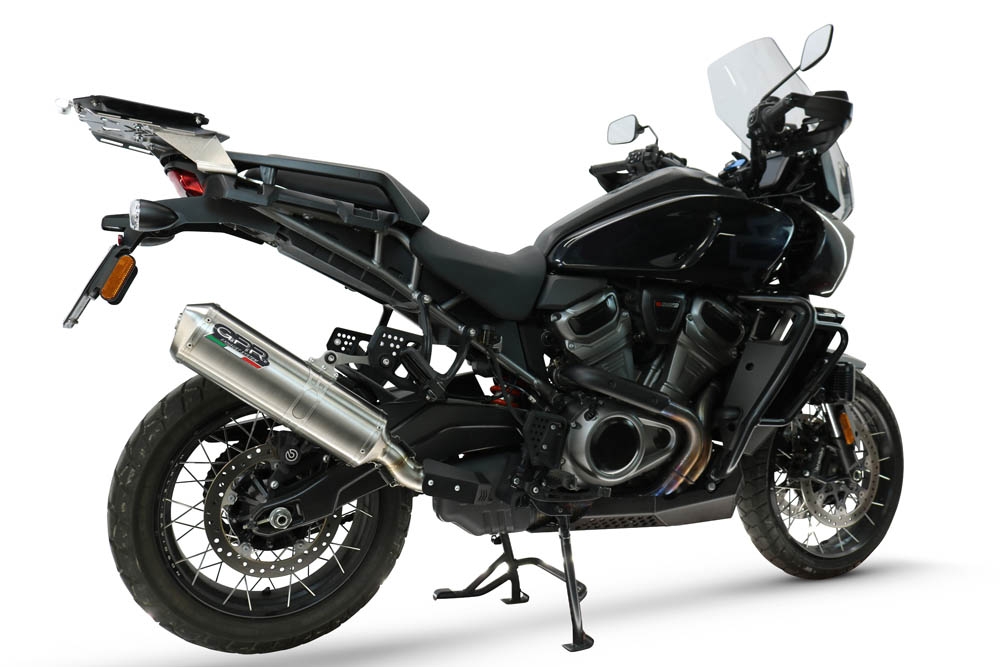 GPR escape compatible con Harley Davidson Pan America 1250 2020-2024, Satinox , Escape legal, homologado, silenciador con db killer desmontable y tubo de conexión específico 