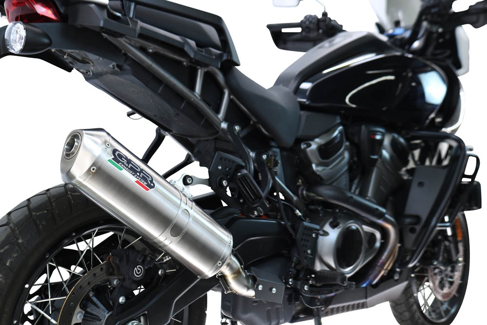 GPR escape compatible con Harley Davidson Pan America 1250 2020-2024, Satinox , Escape legal, homologado, silenciador con db killer desmontable y tubo de conexión específico 