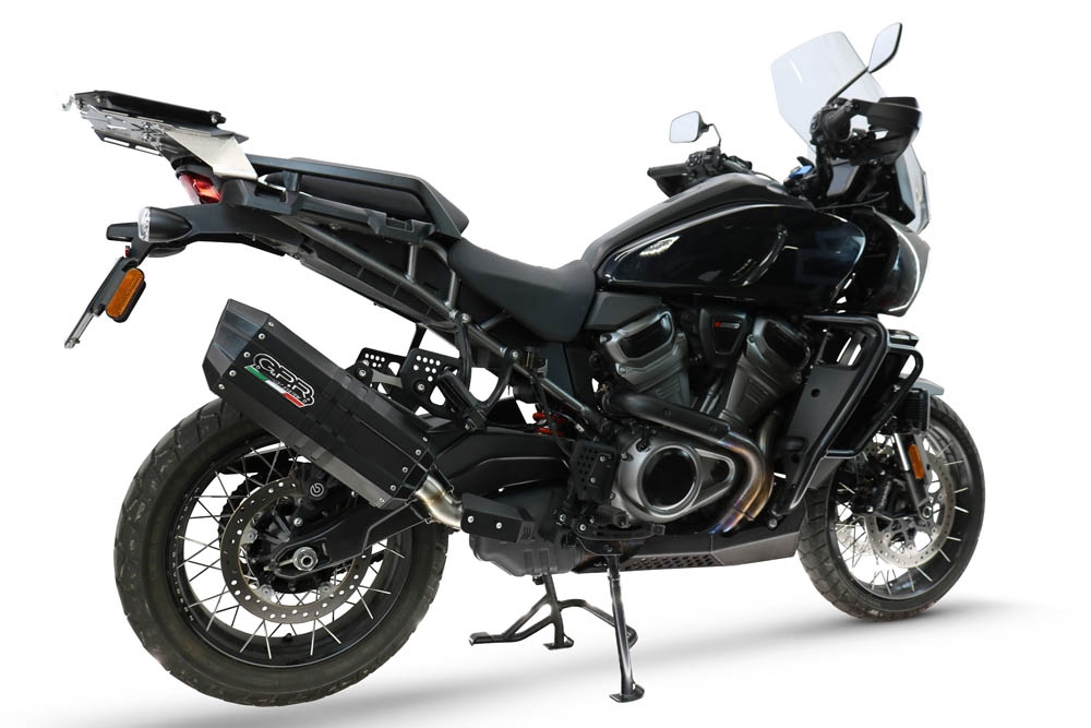 GPR escape compatible con Harley Davidson Pan America 1250 2020-2024, Hyper Sonic Black Titanium, Escape legal, homologado, silenciador con db killer desmontable y tubo de conexión específico 