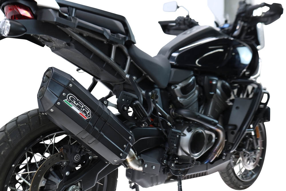 GPR escape compatible con Harley Davidson Pan America 1250 2020-2024, Hyper Sonic Black Titanium, Escape legal, homologado, silenciador con db killer desmontable y tubo de conexión específico 