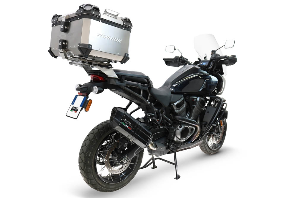 GPR escape compatible con Harley Davidson Pan America 1250 2020-2024, Hyper Sonic Black Titanium, Escape legal, homologado, silenciador con db killer desmontable y tubo de conexión específico 
