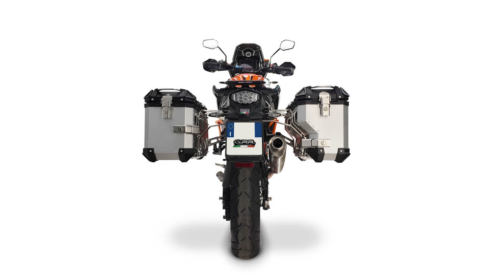 GPR TECH compatible con  Ktm Lc 8 Adventure 1090 2017/2020 e4 Par de maletas laterales en aluminio con lado derecho contorneado, color plata con portaequipajes específico Capacidad 38 LT. + 32 LT.