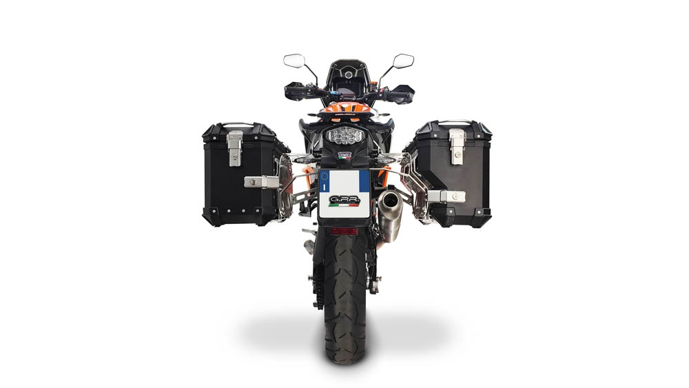 GPR TECH compatible con  Ktm Lc 8 Adventure 1190 2013/2016 e3 Par de maletas laterales en aluminio con lado derecho contorneado, color negro con portaequipajes específico Capacidad 38 LT. + 32 LT.