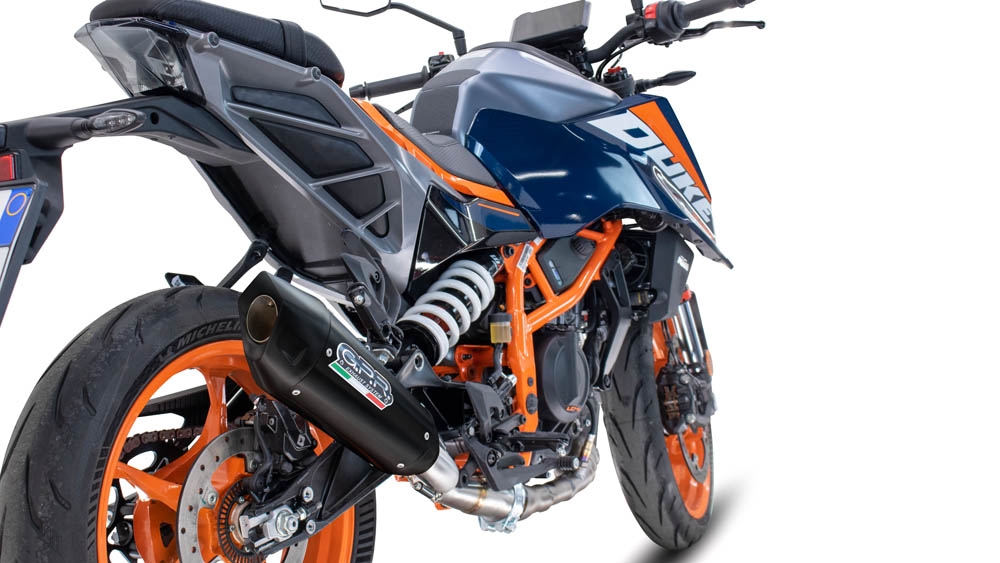 Escape compatible con Ktm Duke 390 2024-2025, GP-Revo Black Titanium, Escape legal, homologado, silenciador con db killer desmontable y tubo de conexión específico 