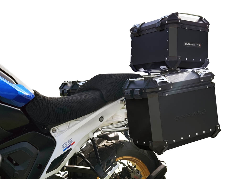 GPR TECH compatible con  BMW R 1300 GS 2023/2025 Kit tríptico fabricado en color negro, con Top case 45 Lt + Side Cases 38 Lt + 38 Lt + portaequipaje general color negro Capacidad Top case 45 Litros + capacidad maletas laterales 38 Litros + 38 Litros