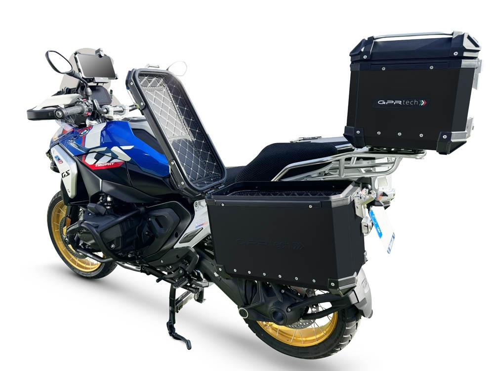 GPR TECH compatible con  BMW R 1300 GS 2023/2025 Kit tríptico fabricado en color negro, con Top case 45 Lt + Side Cases 38 Lt + 38 Lt + portaequipaje general color negro Capacidad Top case 45 Litros + capacidad maletas laterales 38 Litros + 38 Litros