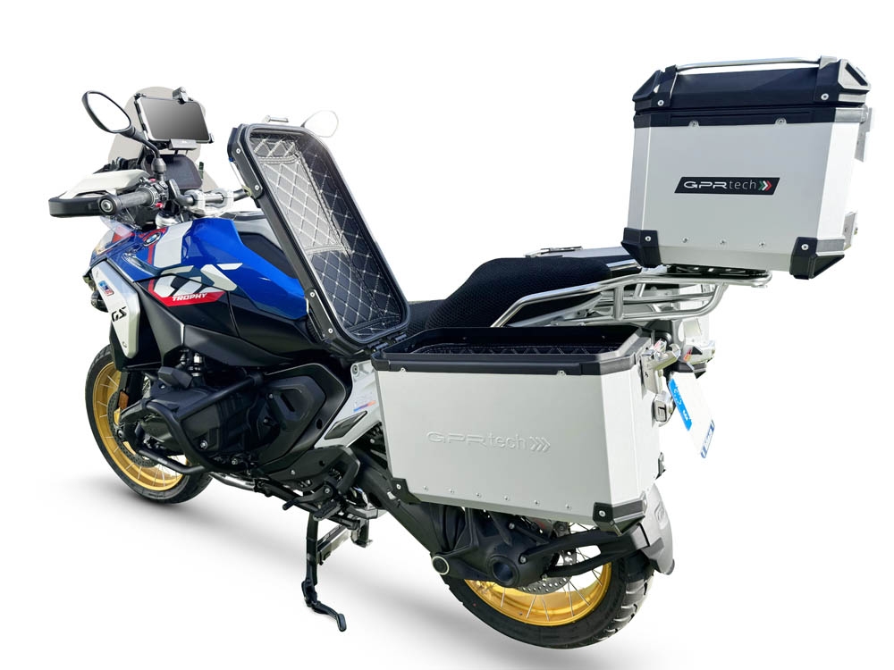 GPR TECH compatible con  BMW R 1300 GS Adventure 2023/2025 Kit tríptico fabricado en color plata, con Top case 45 Lt + Side Cases 38 Lt + 38 Lt + portaequipaje general color negro Capacidad Top case 45 Litros + capacidad maletas laterales 38 Litros + 38 L