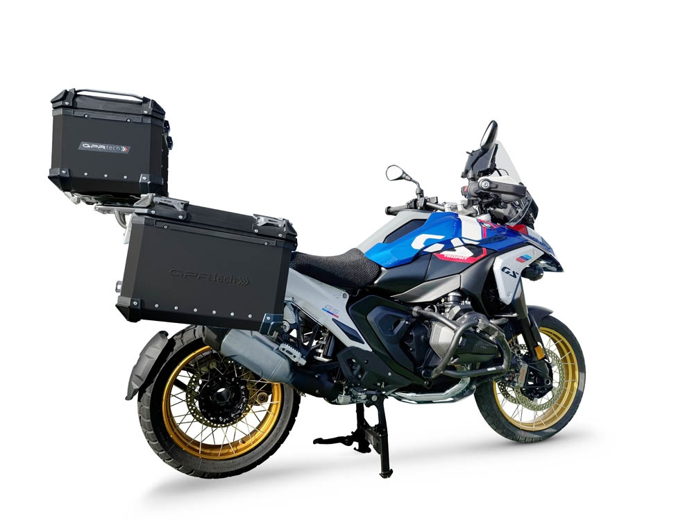 GPR TECH compatible con  BMW R 1300 GS 2023/2025 Kit tríptico fabricado en color negro, con Top case 45 Lt + Side Cases 38 Lt + 38 Lt + portaequipaje general color negro Capacidad Top case 45 Litros + capacidad maletas laterales 38 Litros + 38 Litros