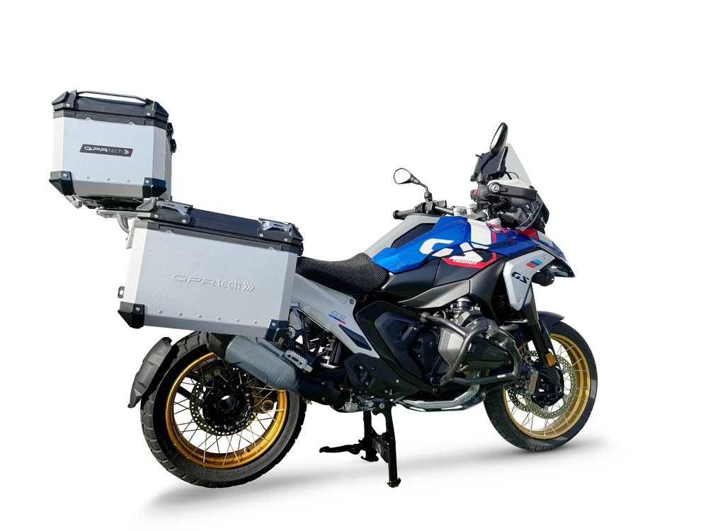 GPR TECH compatible con  BMW R 1300 GS Adventure 2023/2025 Kit tríptico fabricado en color plata, con Top case 35 Lt + Side Cases 38 Lt + 38 Lt + portaequipaje general color negro Capacidad Top case 35 Litros + capacidad maletas laterales 38 Litros + 38 L