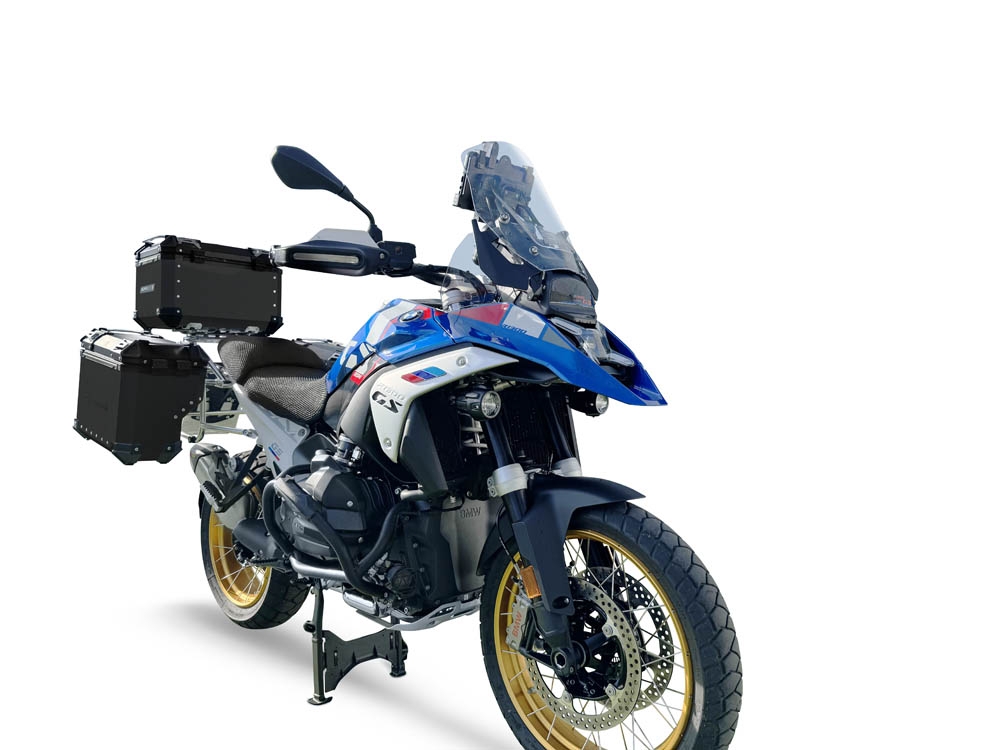 GPR TECH compatible con  BMW R 1300 GS 2023/2025 Kit tríptico fabricado en color negro, con Top case 45 Lt + Side Cases 38 Lt + 38 Lt + portaequipaje general color negro Capacidad Top case 45 Litros + capacidad maletas laterales 38 Litros + 38 Litros