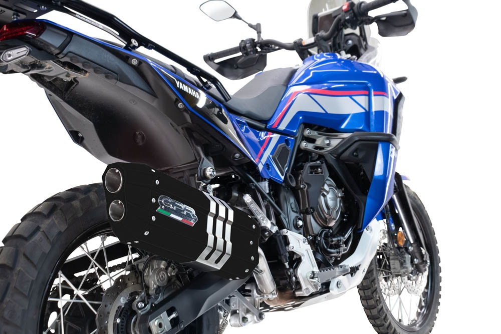 Escape compatible con Yamaha Tenere 700 2025-2026, Hyper Sonic Black Titanium, Escape legal, homologado, silenciador con db killer desmontable y tubo de conexión específico 